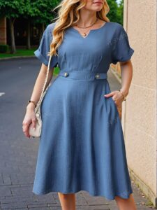Elegant Blue Casual Midi Dress with Hollow Out Neck and Batwing Sleeves - Chic, Classy and Trendy Fashion Style to Dress to Impress
