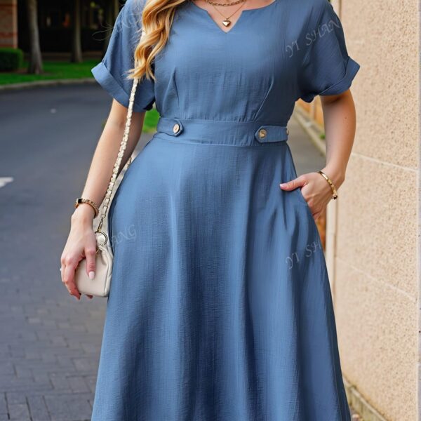 Elegant Blue Casual Midi Dress with Hollow Out Neck and Batwing Sleeves - Chic, Classy and Trendy Fashion Style to Dress to Impress
