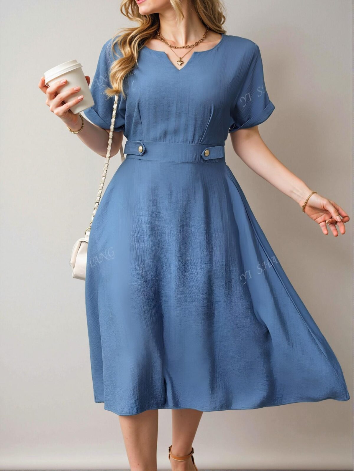 Elegant Blue Casual Midi Dress with Hollow Out Neck and Batwing Sleeves - Chic, Classy and Trendy Fashion Style to Dress to Impress - Image 2