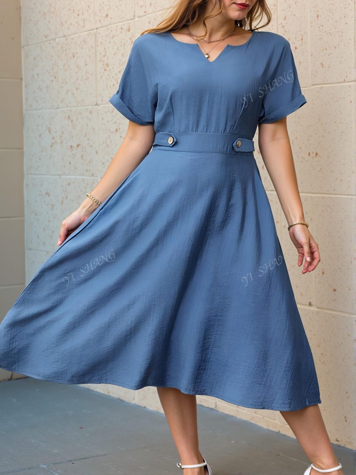 Elegant Blue Casual Midi Dress with Hollow Out Neck and Batwing Sleeves - Chic, Classy and Trendy Fashion Style to Dress to Impress - Image 3