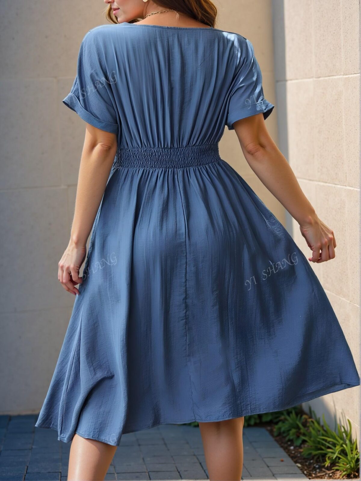 Elegant Blue Casual Midi Dress with Hollow Out Neck and Batwing Sleeves - Chic, Classy and Trendy Fashion Style to Dress to Impress - Image 4