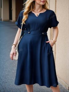 Elegant Navy Blue Stylish Plus Size Casual Dress with Hollow Neck and Bat-Wing Sleeves for Spring and Summer - Chic, Classy and Trendy Fashion Style to Dress to Impress