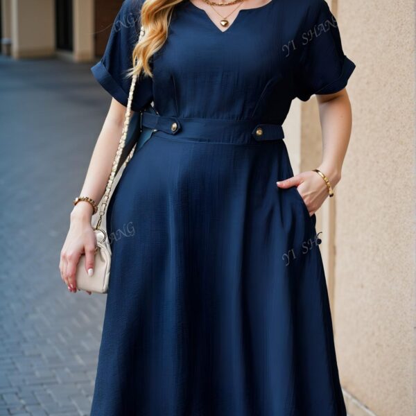 Elegant Navy Blue Stylish Plus Size Casual Dress with Hollow Neck and Bat-Wing Sleeves for Spring and Summer - Chic, Classy and Trendy Fashion Style to Dress to Impress