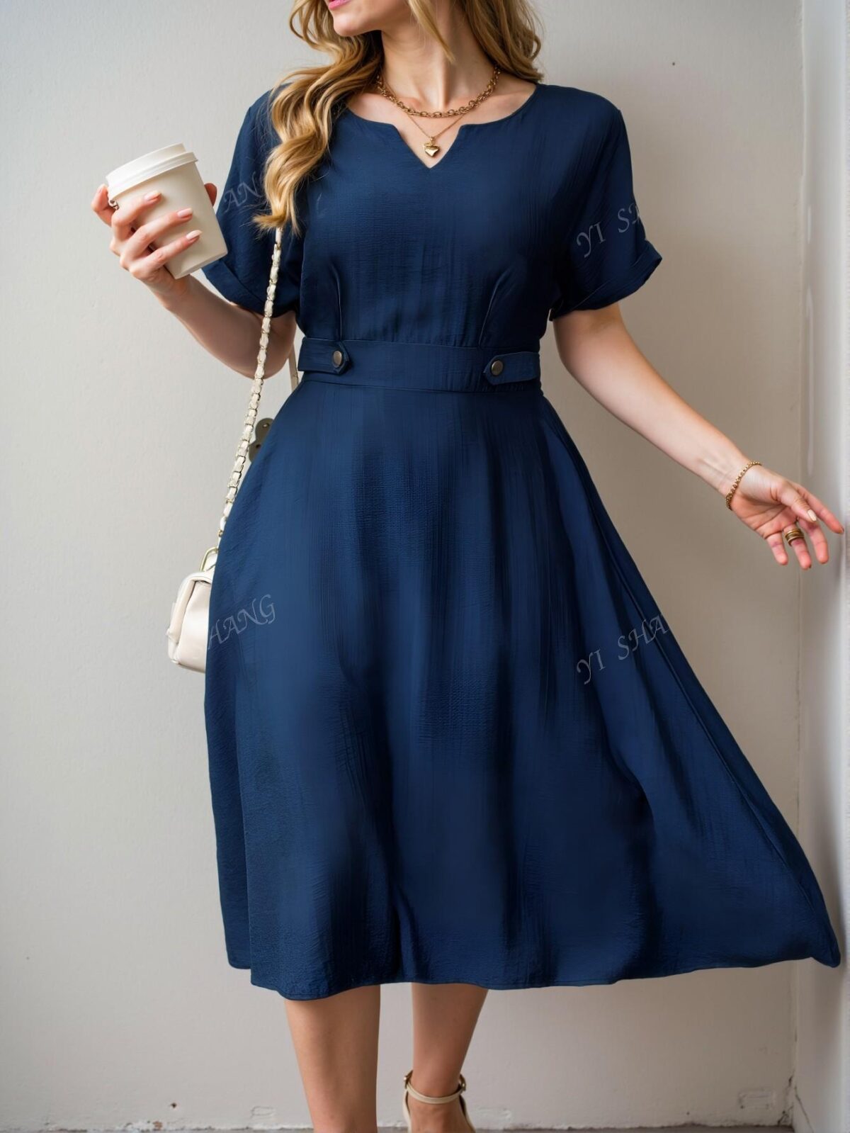 Elegant Navy Blue Stylish Plus Size Casual Dress with Hollow Neck and Bat-Wing Sleeves for Spring and Summer - Chic, Classy and Trendy Fashion Style to Dress to Impress - Image 2