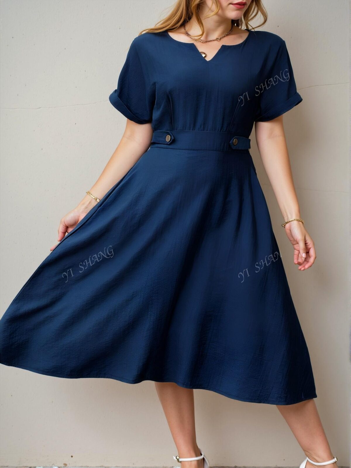 Elegant Navy Blue Stylish Plus Size Casual Dress with Hollow Neck and Bat-Wing Sleeves for Spring and Summer - Chic, Classy and Trendy Fashion Style to Dress to Impress - Image 3