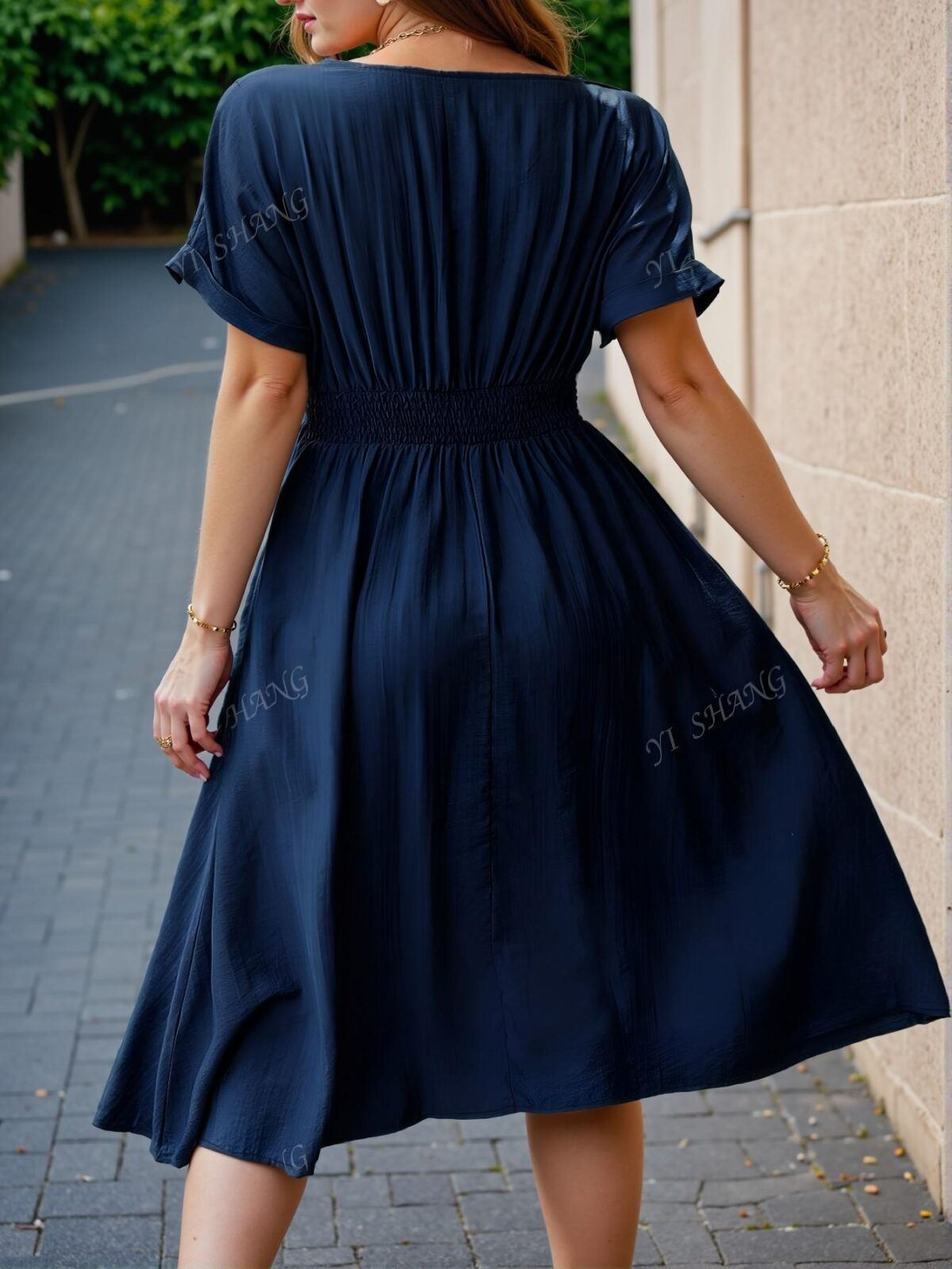 Elegant Navy Blue Stylish Plus Size Casual Dress with Hollow Neck and Bat-Wing Sleeves for Spring and Summer - Chic, Classy and Trendy Fashion Style to Dress to Impress - Image 4