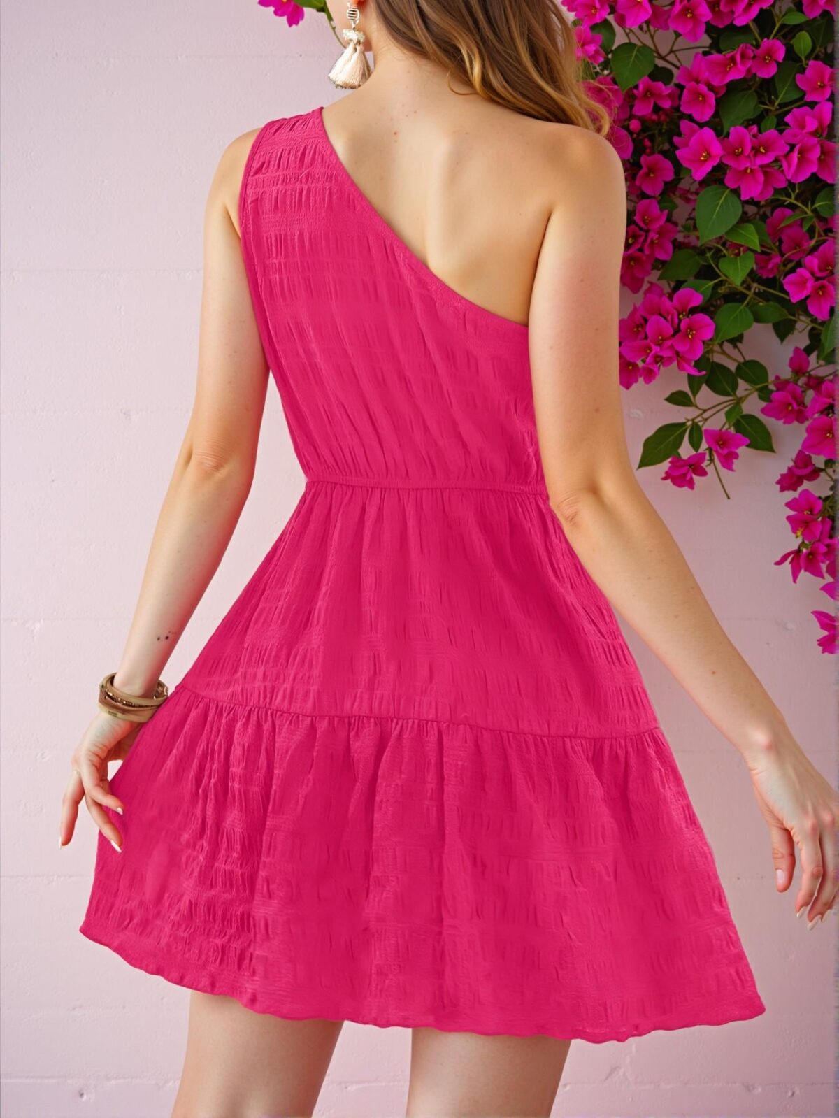 Elegant Hot Pink Asymmetrical Collared Beach Dress for Spring and Summer – Chic, Classy and Trendy Fashion Style to Dress to Impress - Image 2
