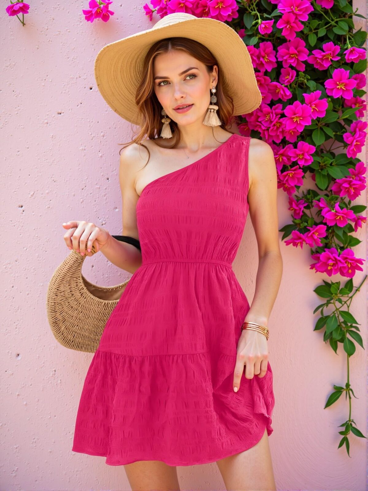 Elegant Hot Pink Asymmetrical Collared Beach Dress for Spring and Summer – Chic, Classy and Trendy Fashion Style to Dress to Impress - Image 5