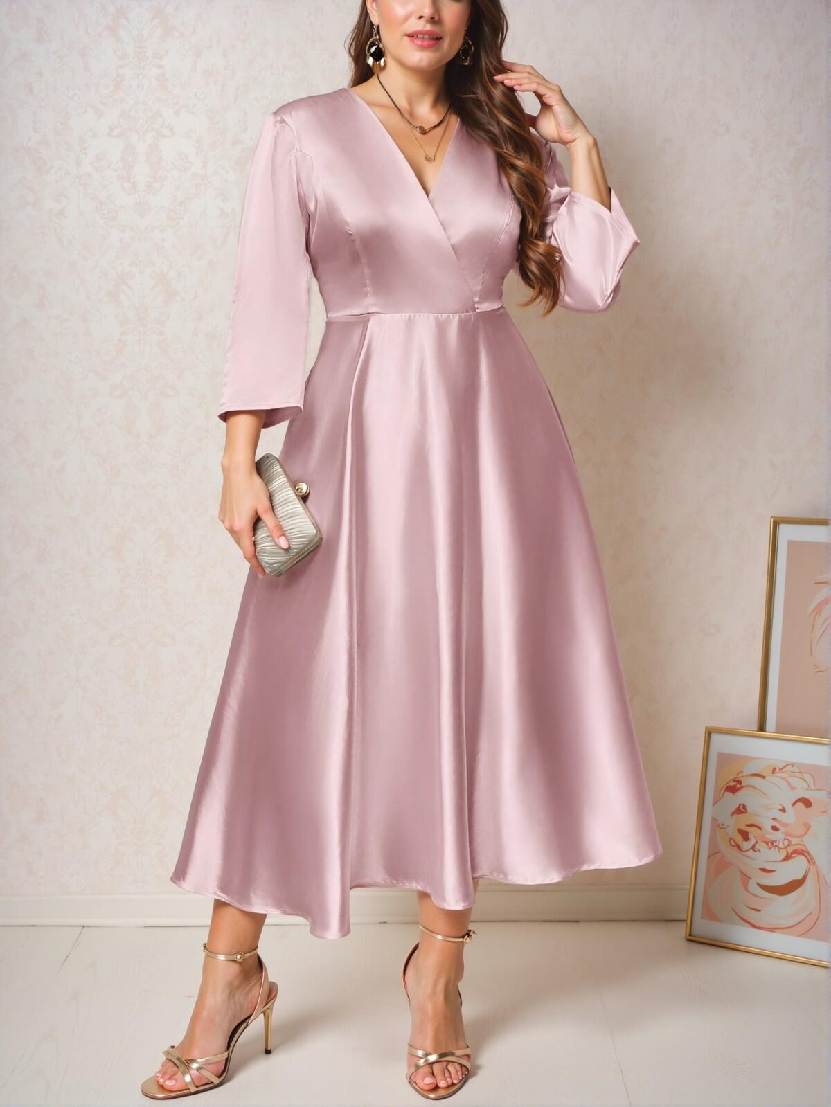 Elegant Pink Flowing A-Line Midi Dress with V-Neck and Three Quarter Sleeves for Bridesmaids and Special Events - Chic, Classy and Trendy Fashion Style to Dress to Impress