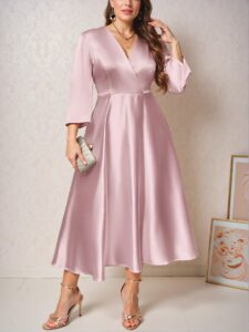 Elegant Pink Flowing A-Line Midi Dress with V-Neck and Three Quarter Sleeves for Bridesmaids and Special Events - Chic, Classy and Trendy Fashion Style to Dress to Impress