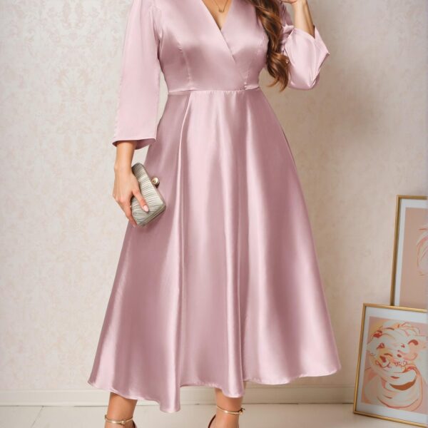 Elegant Pink Flowing A-Line Midi Dress with V-Neck and Three Quarter Sleeves for Bridesmaids and Special Events - Chic, Classy and Trendy Fashion Style to Dress to Impress