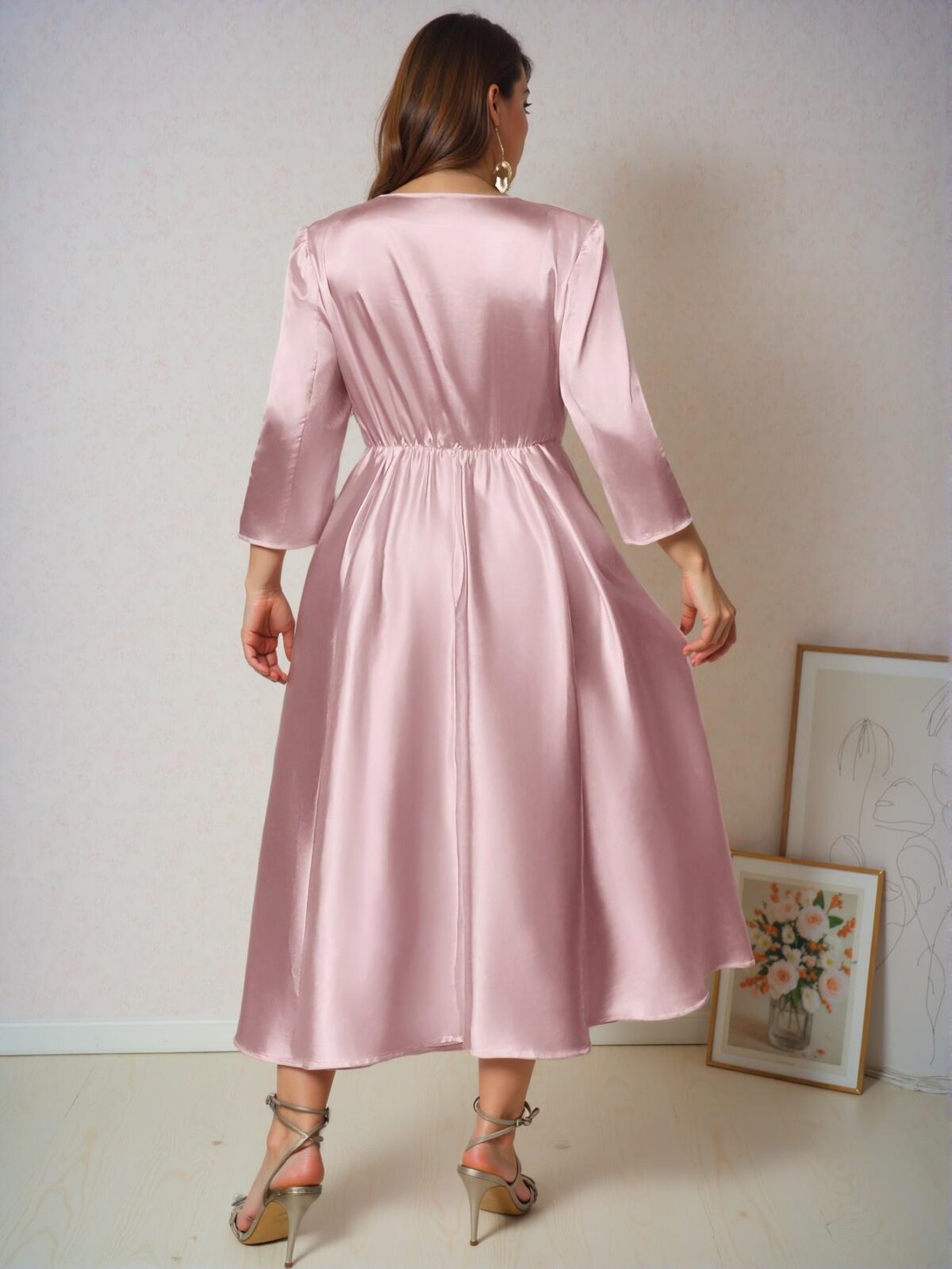 Elegant Pink Flowing A-Line Midi Dress with V-Neck and Three Quarter Sleeves for Bridesmaids and Special Events - Chic, Classy and Trendy Fashion Style to Dress to Impress - Image 2