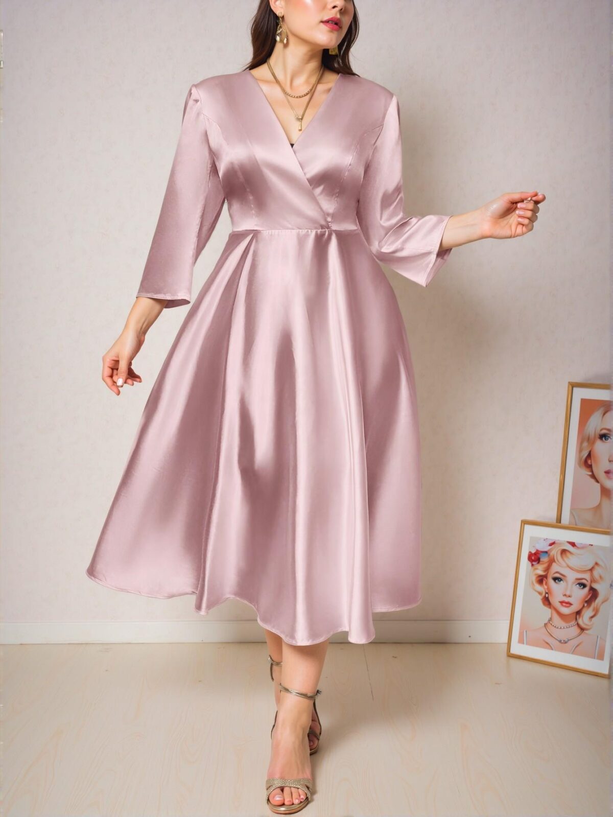 Elegant Pink Flowing A-Line Midi Dress with V-Neck and Three Quarter Sleeves for Bridesmaids and Special Events - Chic, Classy and Trendy Fashion Style to Dress to Impress - Image 3