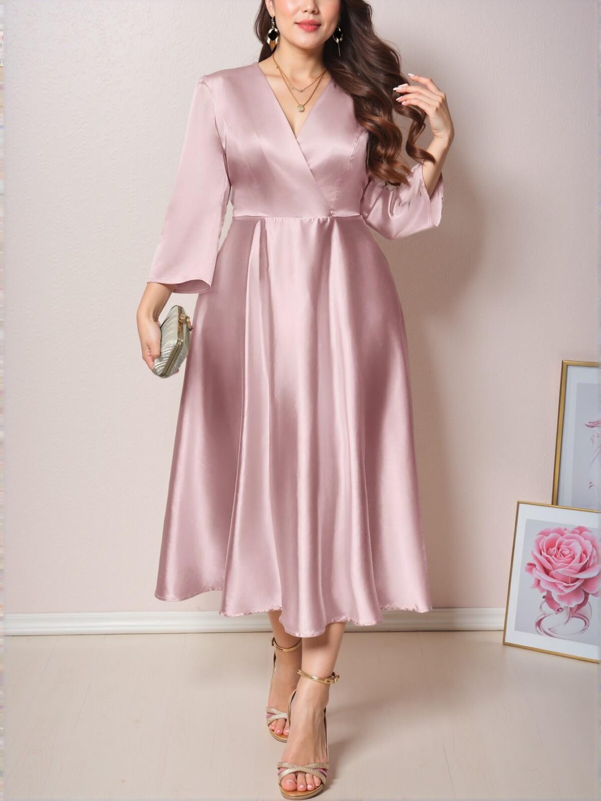 Elegant Pink Flowing A-Line Midi Dress with V-Neck and Three Quarter Sleeves for Bridesmaids and Special Events - Chic, Classy and Trendy Fashion Style to Dress to Impress - Image 4