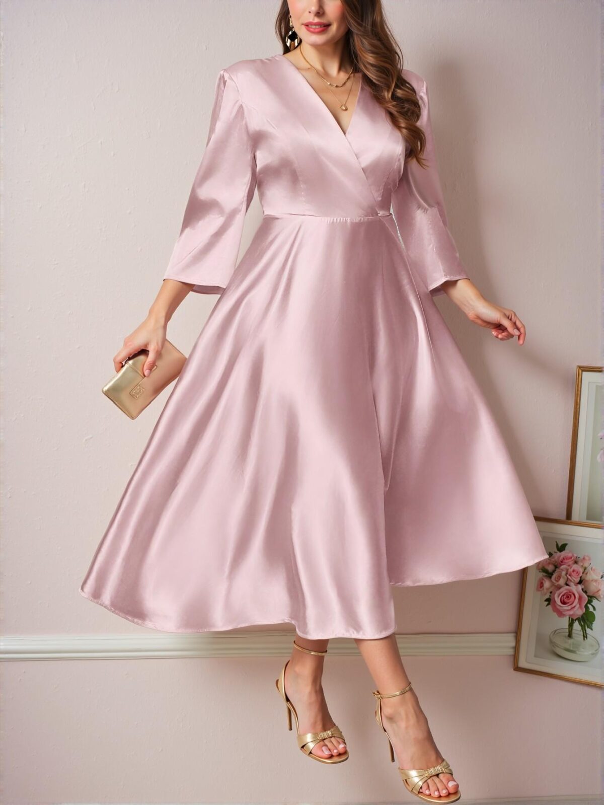 Elegant Pink Flowing A-Line Midi Dress with V-Neck and Three Quarter Sleeves for Bridesmaids and Special Events - Chic, Classy and Trendy Fashion Style to Dress to Impress - Image 5