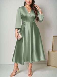 Elegant Green A-Line Midi Dress with Romantic Long Sleeves and V-Neck Design for Bridesmaid, Date, Party, and Wedding Occasions – Chic, Classy and Trendy Fashion Style to Dress to Impress