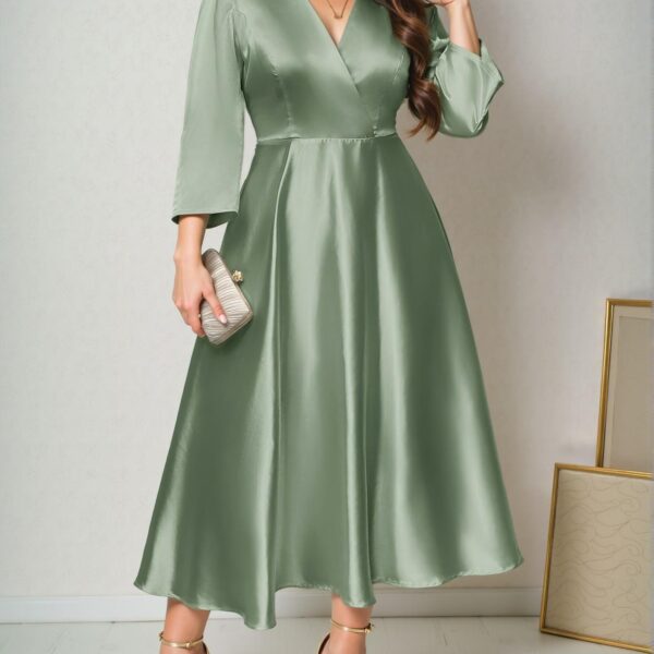 Elegant Green A-Line Midi Dress with Romantic Long Sleeves and V-Neck Design for Bridesmaid, Date, Party, and Wedding Occasions – Chic, Classy and Trendy Fashion Style to Dress to Impress