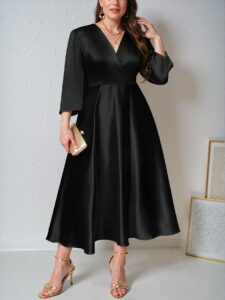 Elegant Black Flared A-Line Long Dress with Romantic V-Neck and Three-Quarter Sleeves for Weddings, Parties, and Banquets in Early Autumn and Spring/Summer - Chic, Classy and Trendy Fashion Style to Dress to Impress