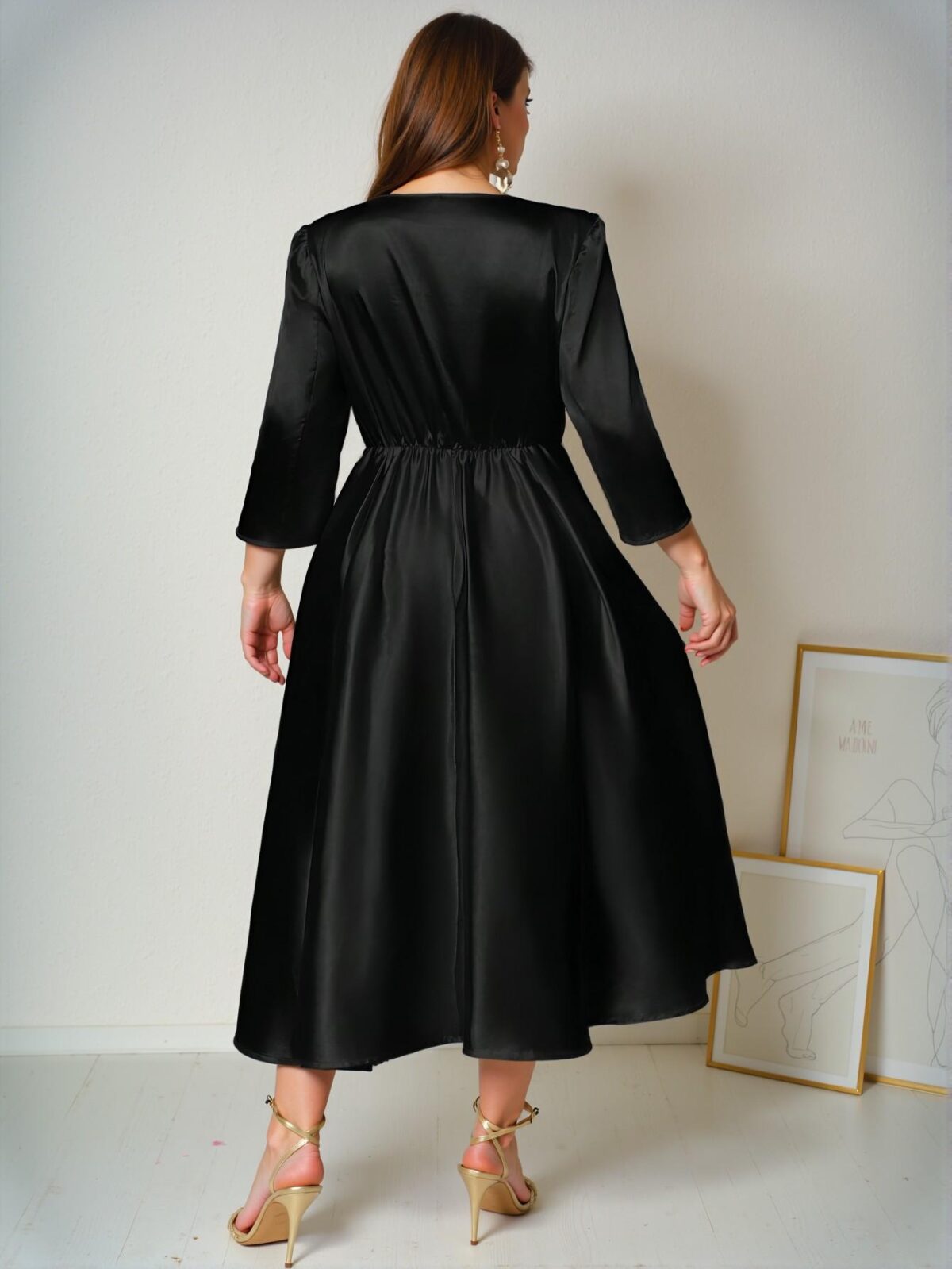 Elegant Black Flared A-Line Long Dress with Romantic V-Neck and Three-Quarter Sleeves for Weddings, Parties, and Banquets in Early Autumn and Spring/Summer - Chic, Classy and Trendy Fashion Style to Dress to Impress - Image 2
