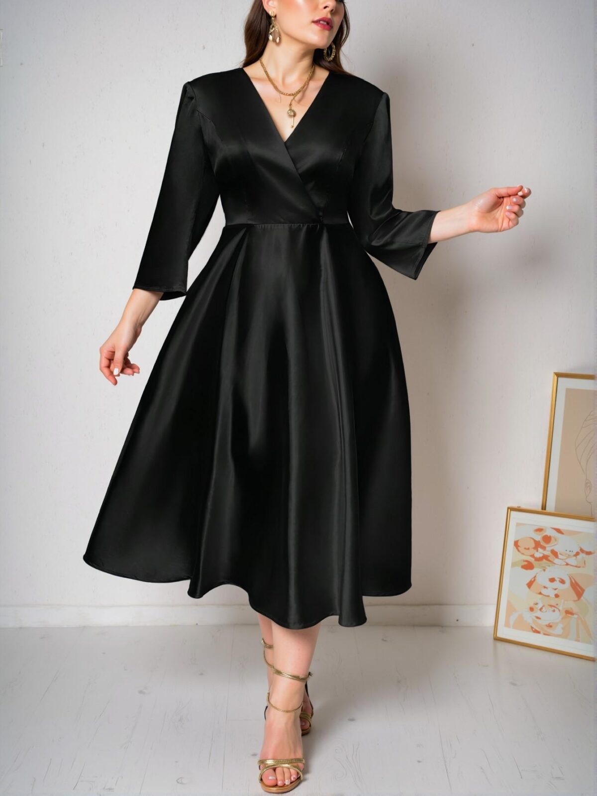 Elegant Black Flared A-Line Long Dress with Romantic V-Neck and Three-Quarter Sleeves for Weddings, Parties, and Banquets in Early Autumn and Spring/Summer - Chic, Classy and Trendy Fashion Style to Dress to Impress - Image 3