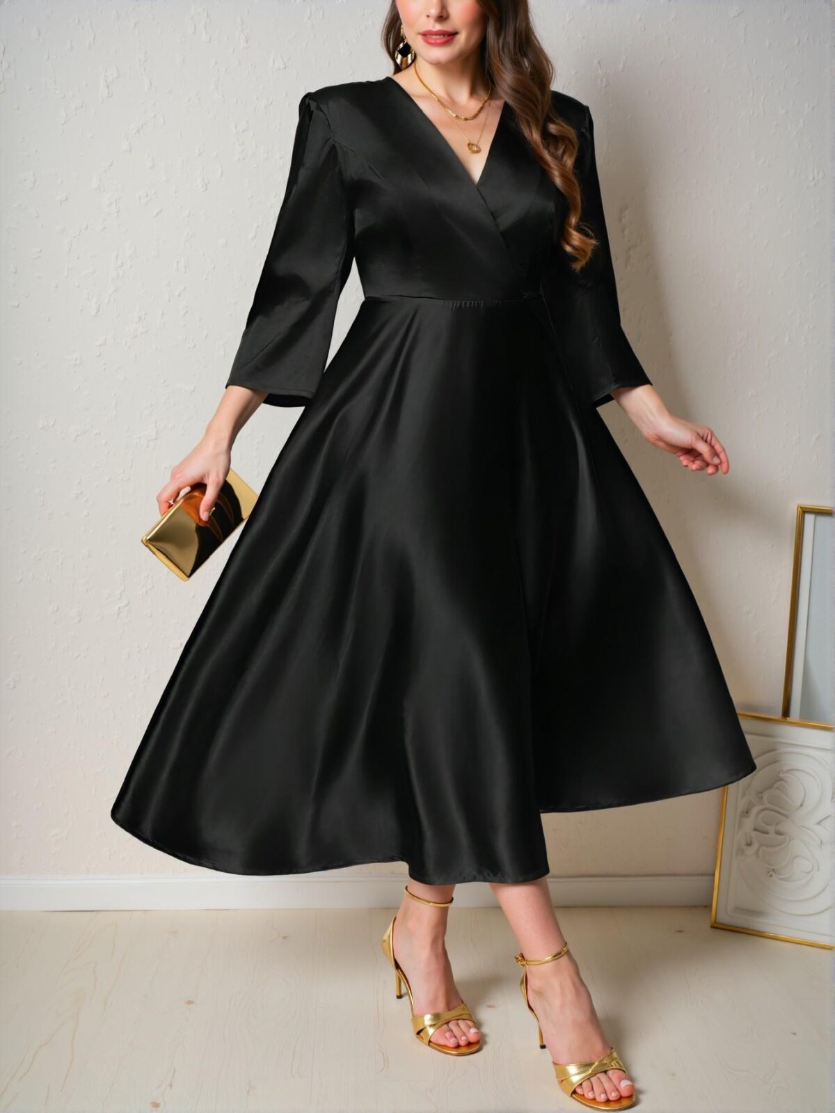 Elegant Black Flared A-Line Long Dress with Romantic V-Neck and Three-Quarter Sleeves for Weddings, Parties, and Banquets in Early Autumn and Spring/Summer - Chic, Classy and Trendy Fashion Style to Dress to Impress - Image 5