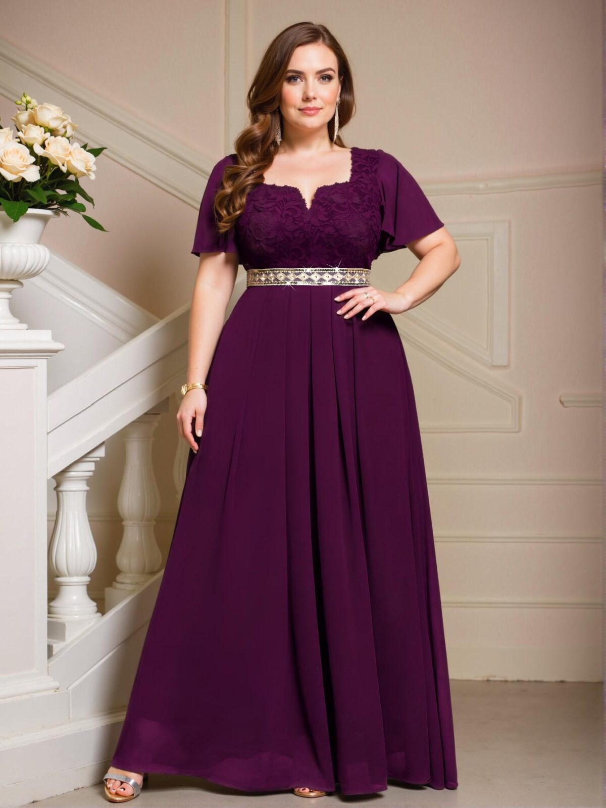 Elegant Maroon Floral Lace and Chiffon Butterfly Sleeve A-Line Evening Dress for Summer - Chic, Classy and Trendy Fashion Style to Dress to Impress - Image 3