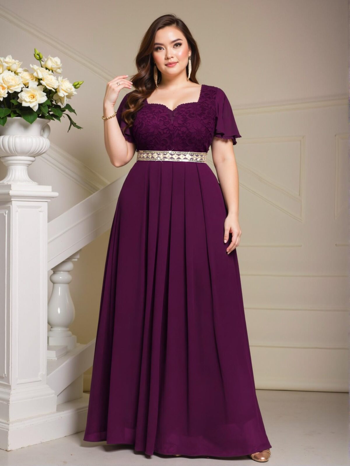 Elegant Maroon Floral Lace and Chiffon Butterfly Sleeve A-Line Evening Dress for Summer - Chic, Classy and Trendy Fashion Style to Dress to Impress - Image 4