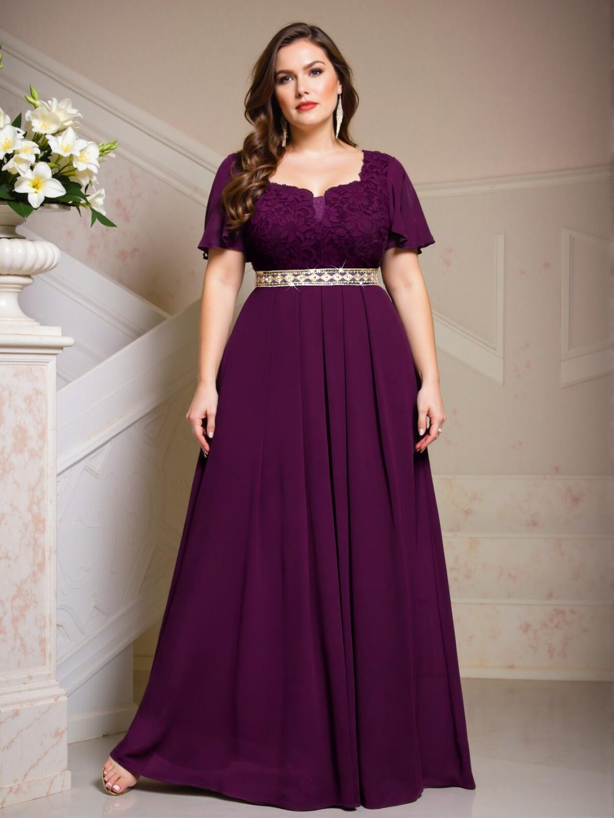 Elegant Maroon Floral Lace and Chiffon Butterfly Sleeve A-Line Evening Dress for Summer - Chic, Classy and Trendy Fashion Style to Dress to Impress - Image 5