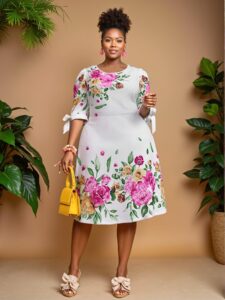 Elegant Multicolor Floral Print Round Neck Puff Sleeve A-Line Dress for Holiday, Beach, Graduation, and Tea Parties - Chic, Classy and Trendy Fashion Style to Dress to Impress