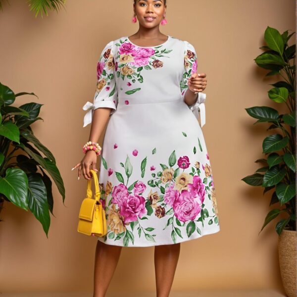Elegant Multicolor Floral Print Round Neck Puff Sleeve A-Line Dress for Holiday, Beach, Graduation, and Tea Parties - Chic, Classy and Trendy Fashion Style to Dress to Impress