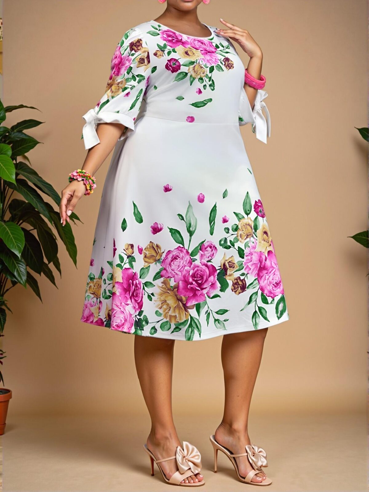 Elegant Multicolor Floral Print Round Neck Puff Sleeve A-Line Dress for Holiday, Beach, Graduation, and Tea Parties - Chic, Classy and Trendy Fashion Style to Dress to Impress - Image 3