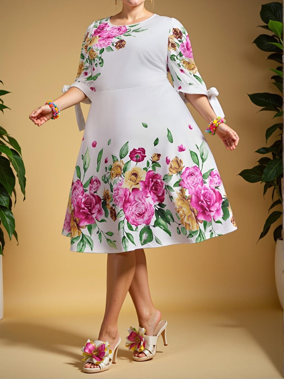 Elegant Multicolor Floral Print Round Neck Puff Sleeve A-Line Dress for Holiday, Beach, Graduation, and Tea Parties - Chic, Classy and Trendy Fashion Style to Dress to Impress - Image 4