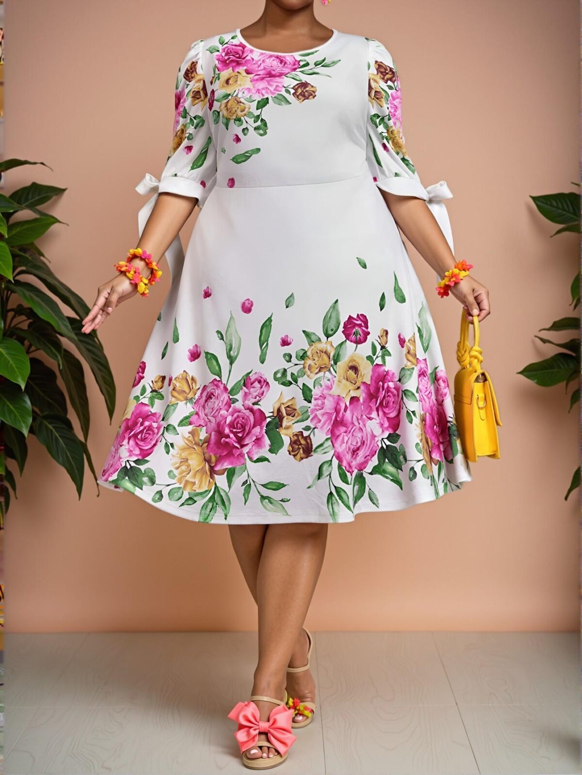 Elegant Multicolor Floral Print Round Neck Puff Sleeve A-Line Dress for Holiday, Beach, Graduation, and Tea Parties - Chic, Classy and Trendy Fashion Style to Dress to Impress - Image 5
