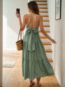 Elegant Green Backless Cami Dress with Flounce Hem and Bow Detail for Spring and Summer Vacations "Chic, Classy and Trendy Fashion Style to Dress to Impress"