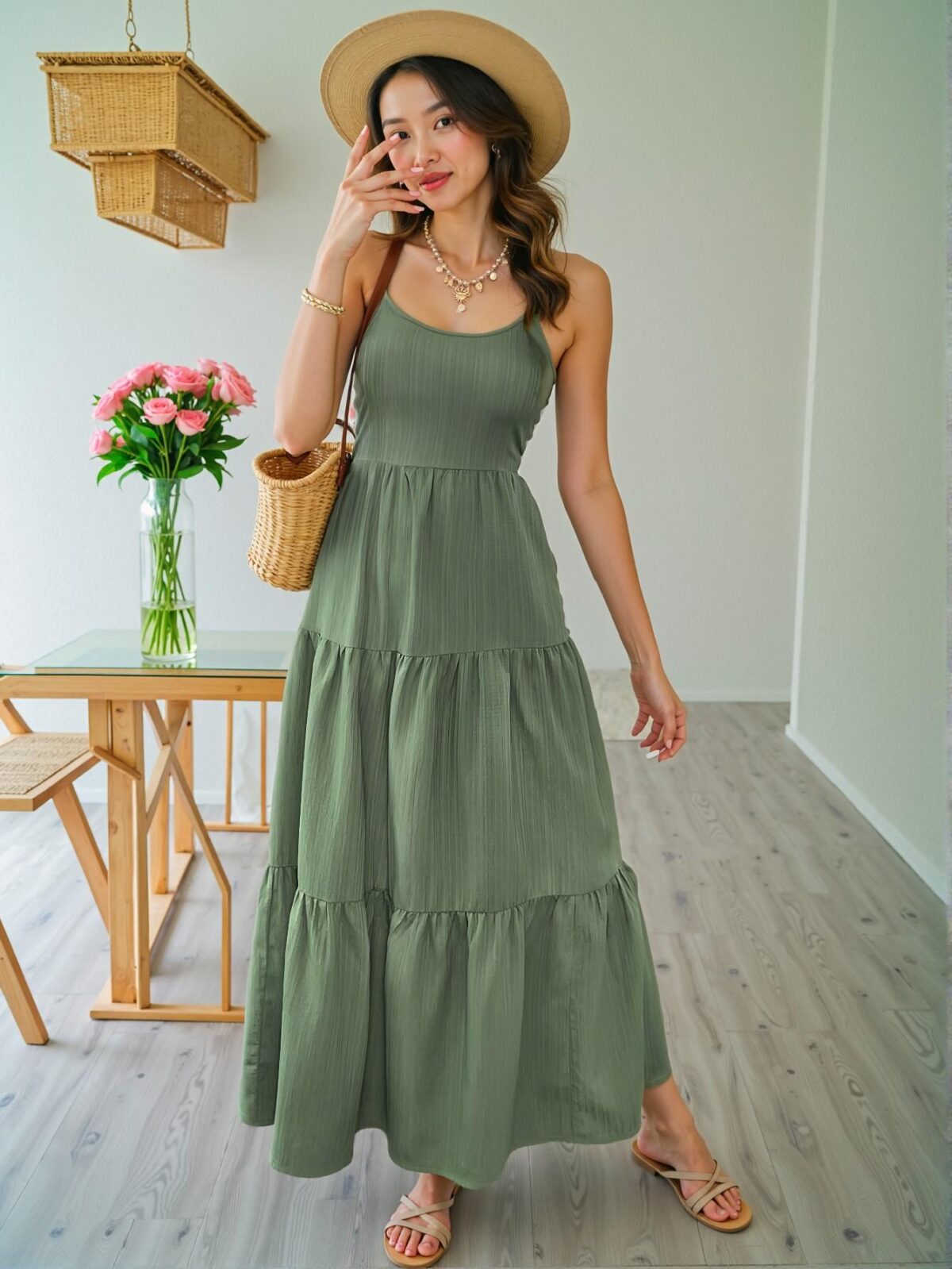 Elegant Green Backless Cami Dress with Flounce Hem and Bow Detail for Spring and Summer Vacations "Chic, Classy and Trendy Fashion Style to Dress to Impress" - Image 2
