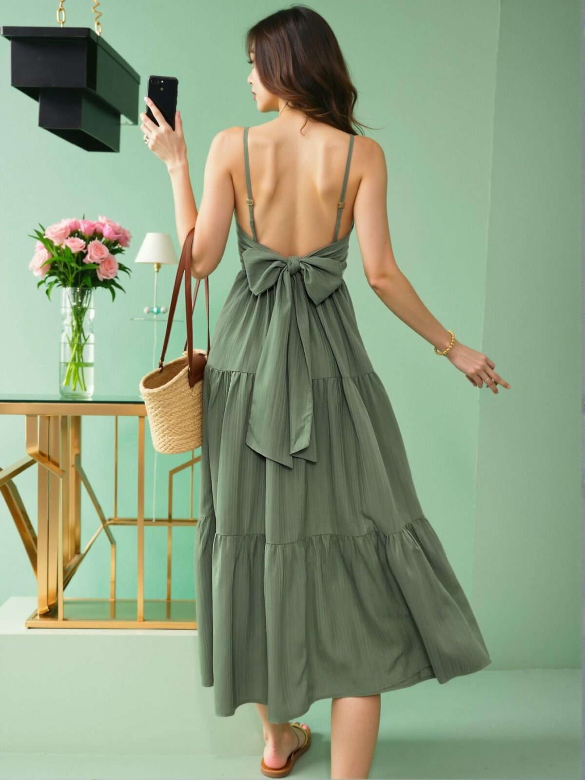 Elegant Green Backless Cami Dress with Flounce Hem and Bow Detail for Spring and Summer Vacations "Chic, Classy and Trendy Fashion Style to Dress to Impress" - Image 3