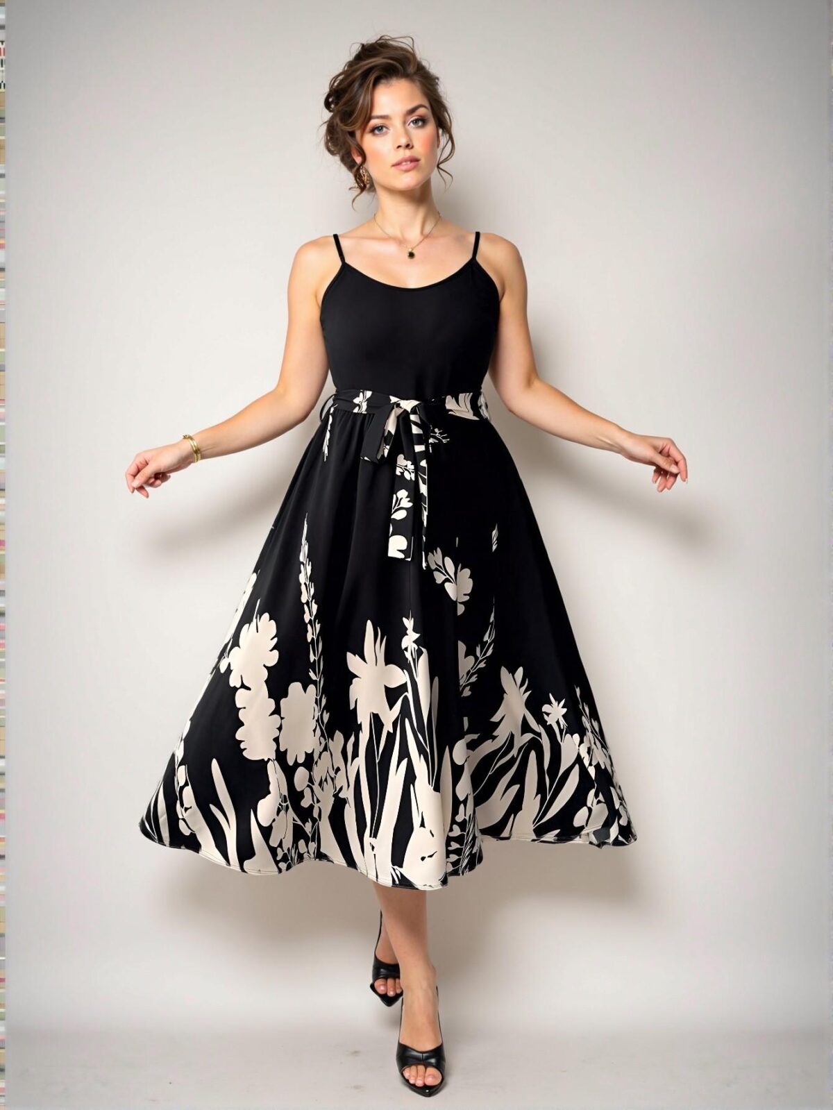 Elegant Black Floral Print A-Line High Waist Vacation Dress with Woven Hem and Belted Detail - Chic, Classy and Trendy Fashion Style to Dress to Impress