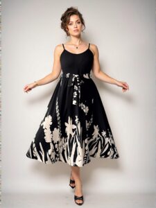 Elegant Black Floral Print A-Line High Waist Vacation Dress with Woven Hem and Belted Detail - Chic, Classy and Trendy Fashion Style to Dress to Impress