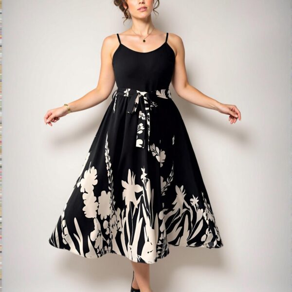 Elegant Black Floral Print A-Line High Waist Vacation Dress with Woven Hem and Belted Detail - Chic, Classy and Trendy Fashion Style to Dress to Impress