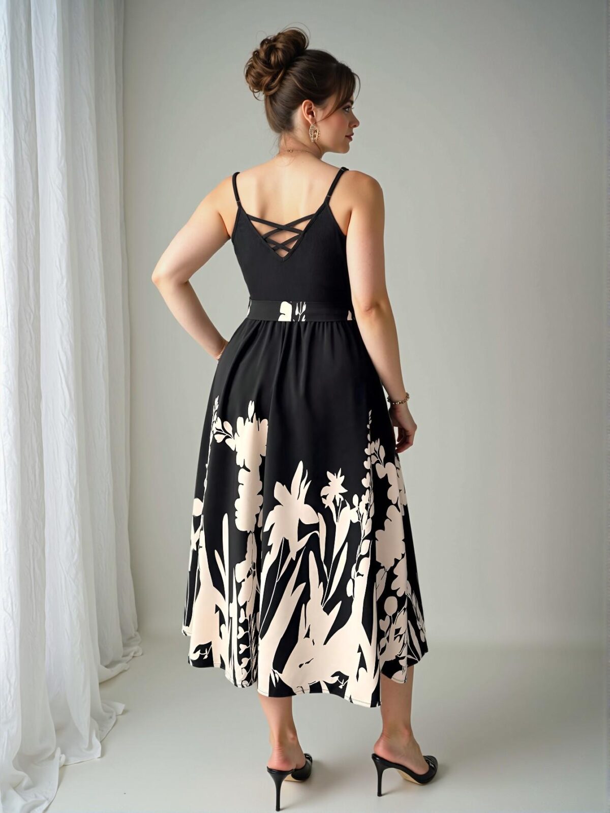 Elegant Black Floral Print A-Line High Waist Vacation Dress with Woven Hem and Belted Detail - Chic, Classy and Trendy Fashion Style to Dress to Impress - Image 2