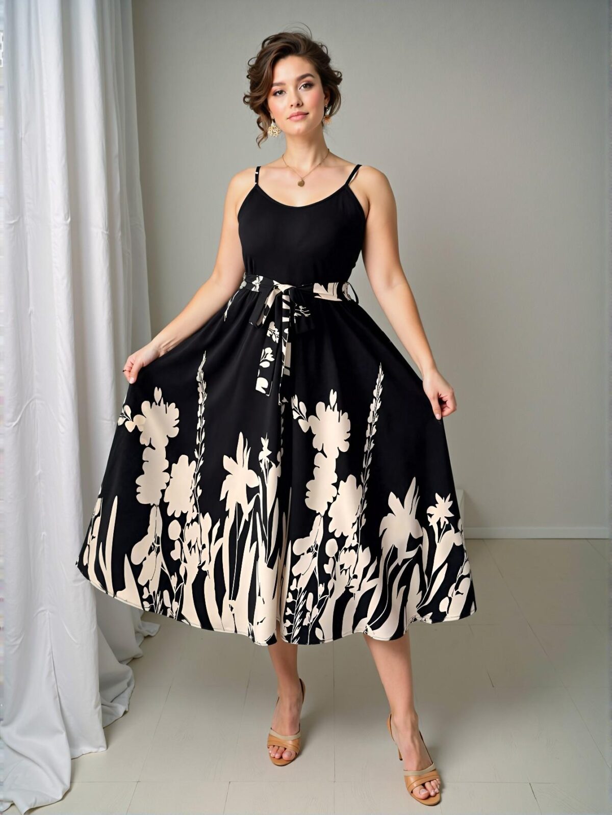 Elegant Black Floral Print A-Line High Waist Vacation Dress with Woven Hem and Belted Detail - Chic, Classy and Trendy Fashion Style to Dress to Impress - Image 3