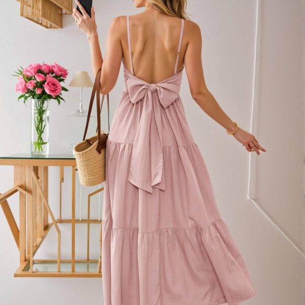 Elegant Pink Tiered Bow Cami Dress with High Waist and Ruffle Hem for Spring/Summer - Chic, Classy and Trendy Fashion Style to Dress to Impress