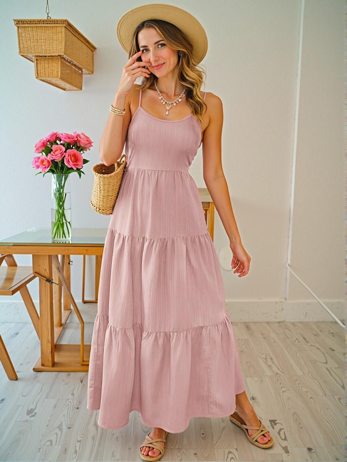 Elegant Pink Tiered Bow Cami Dress with High Waist and Ruffle Hem for Spring/Summer - Chic, Classy and Trendy Fashion Style to Dress to Impress - Image 2