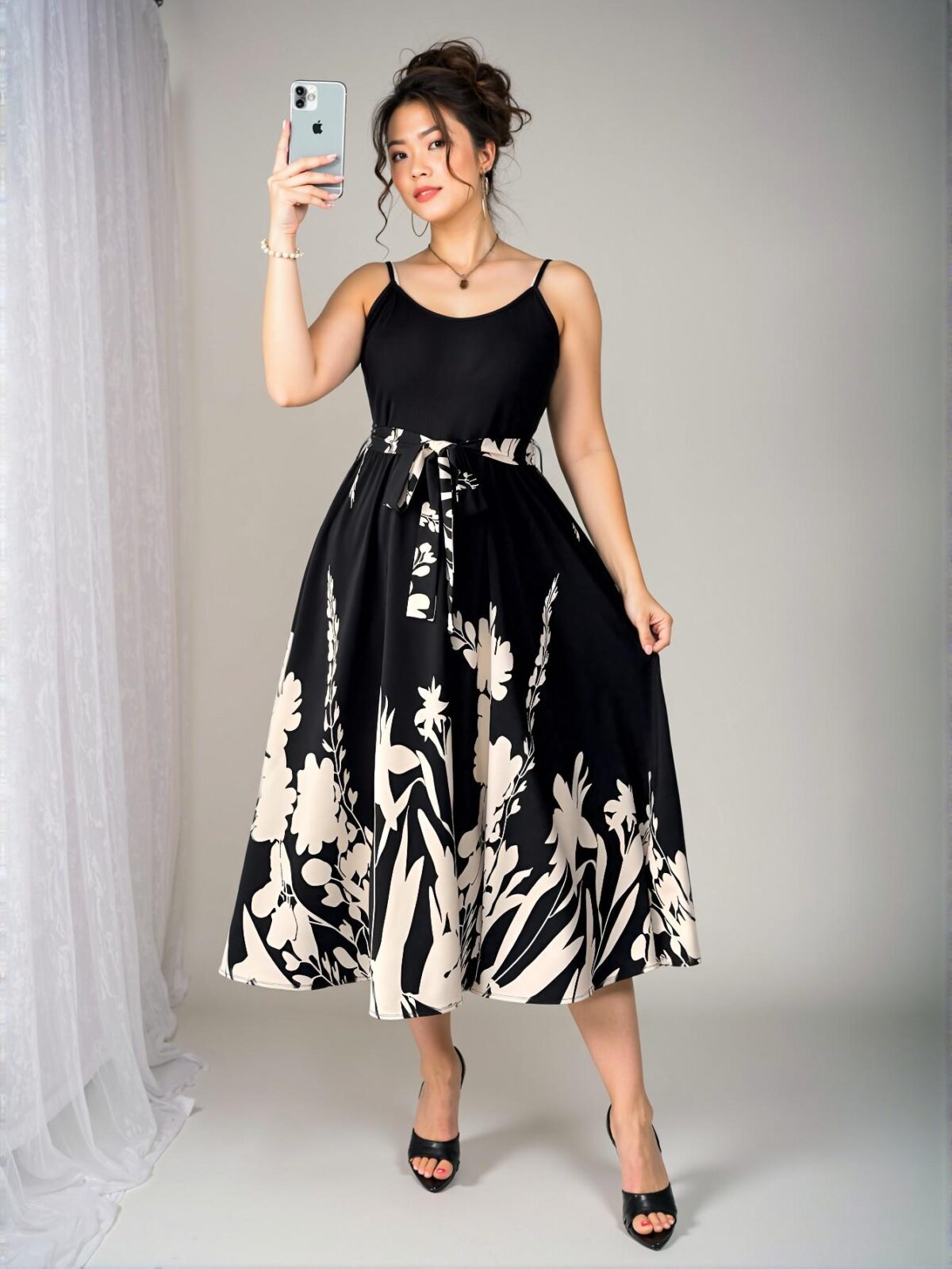 Elegant Black Floral Print A-Line High Waist Vacation Dress with Woven Hem and Belted Detail - Chic, Classy and Trendy Fashion Style to Dress to Impress - Image 4