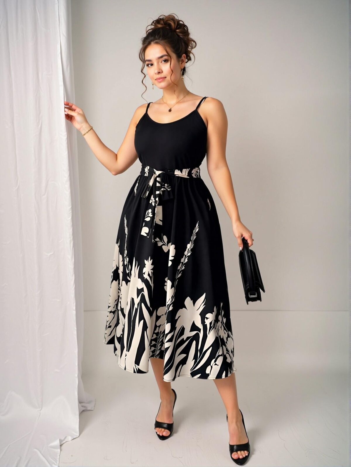 Elegant Black Floral Print A-Line High Waist Vacation Dress with Woven Hem and Belted Detail - Chic, Classy and Trendy Fashion Style to Dress to Impress - Image 5