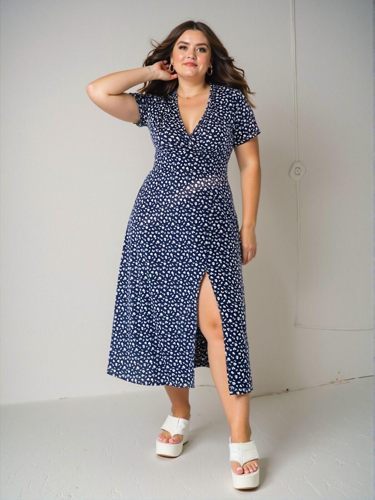 Elegant Navy Blue Stylish Floral V-Neck A-Line Mini Dress for Summer Beach Outings and Relaxing Holidays, Chic, Classy and Trendy Fashion Style to Dress to Impress