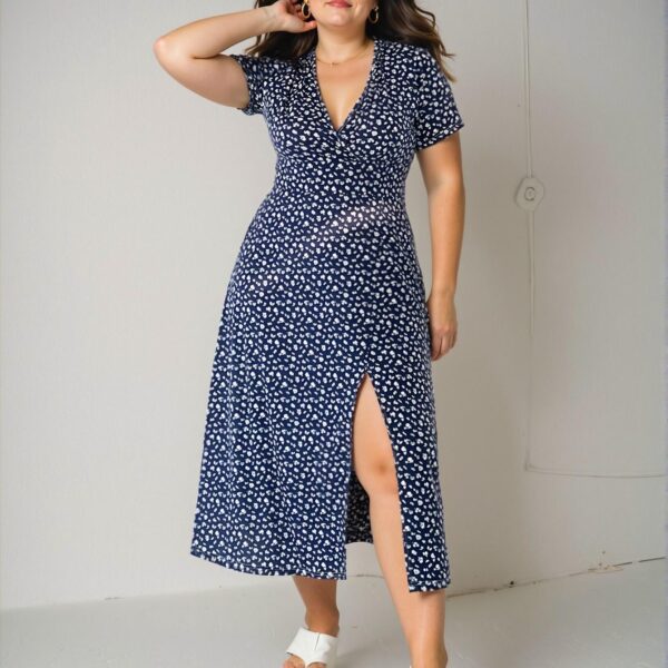 Elegant Navy Blue Stylish Floral V-Neck A-Line Mini Dress for Summer Beach Outings and Relaxing Holidays, Chic, Classy and Trendy Fashion Style to Dress to Impress