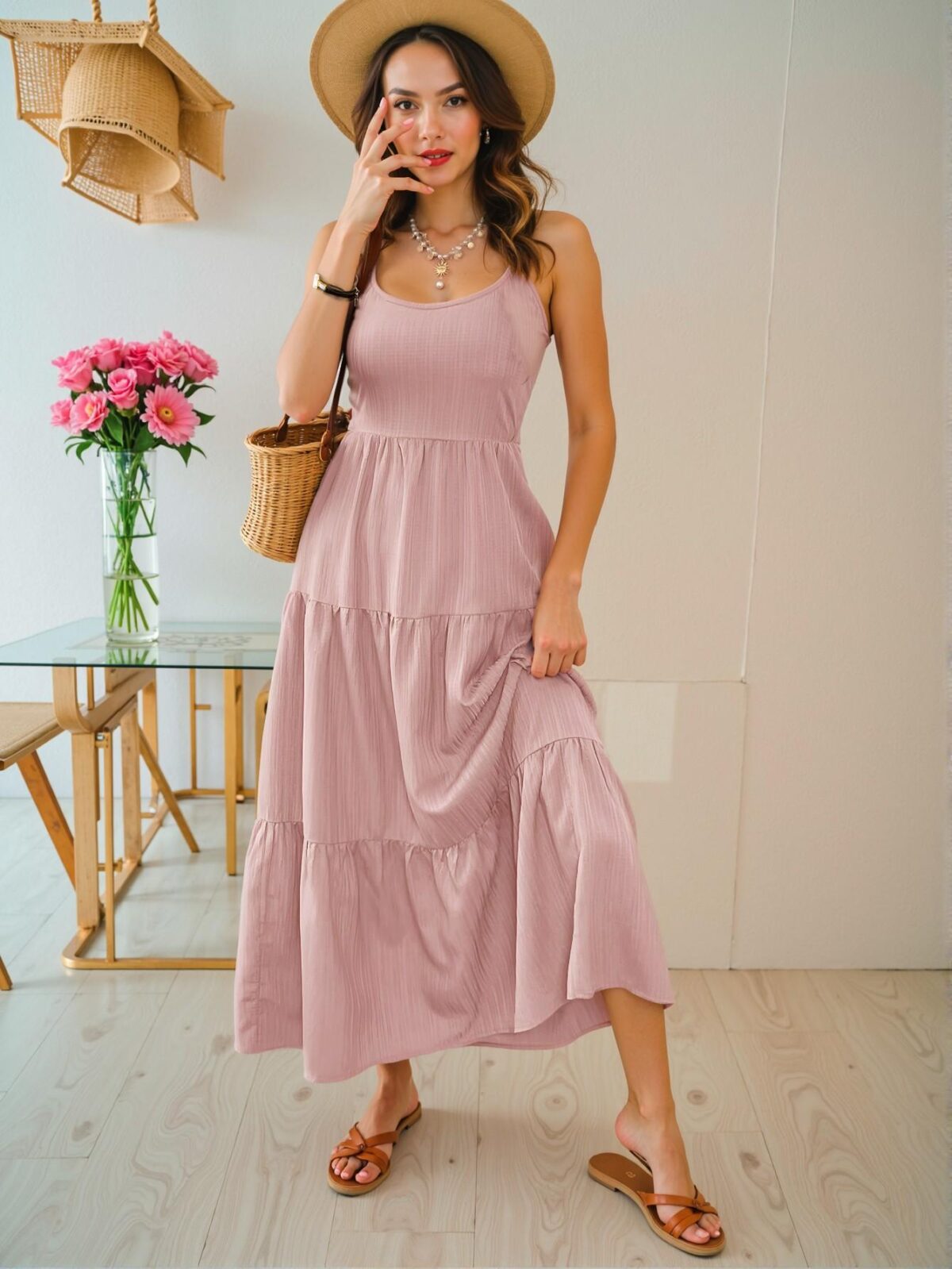 Elegant Pink Tiered Bow Cami Dress with High Waist and Ruffle Hem for Spring/Summer - Chic, Classy and Trendy Fashion Style to Dress to Impress - Image 4