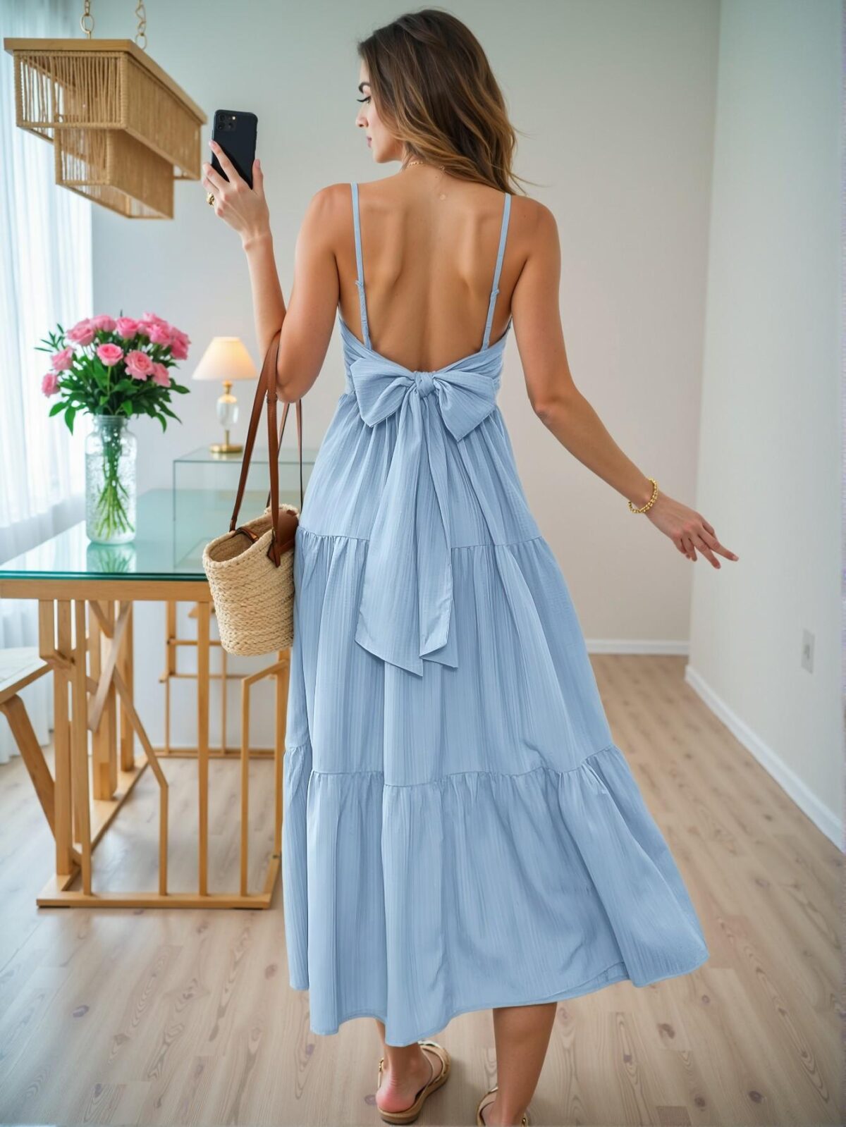 Elegant Baby Blue Flowy Cami Bow Dress for Spring and Summer – Chic, Classy and Trendy Fashion Style to Dress to Impress