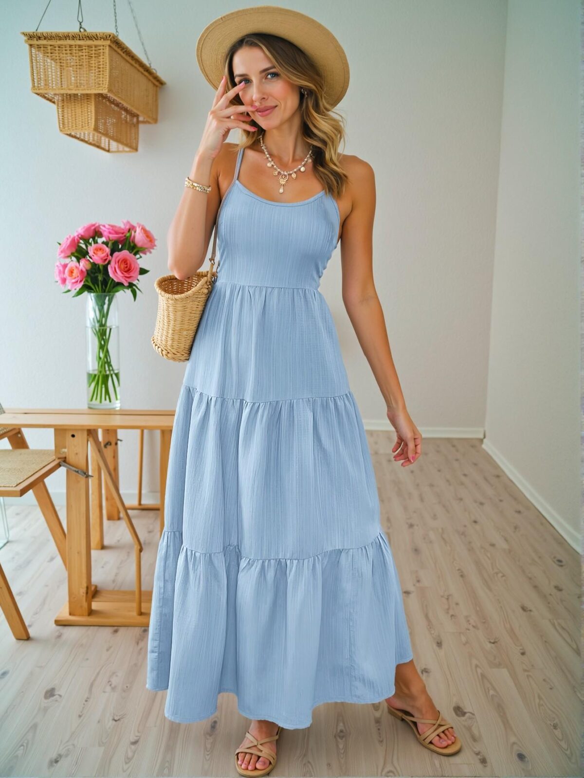 Elegant Baby Blue Flowy Cami Bow Dress for Spring and Summer – Chic, Classy and Trendy Fashion Style to Dress to Impress - Image 2